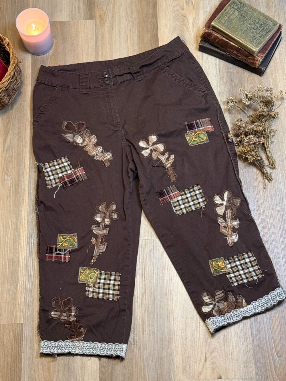 Upcycled Cottagecore Cropped Pants with Floral Raw Appliqué Patches and Lace